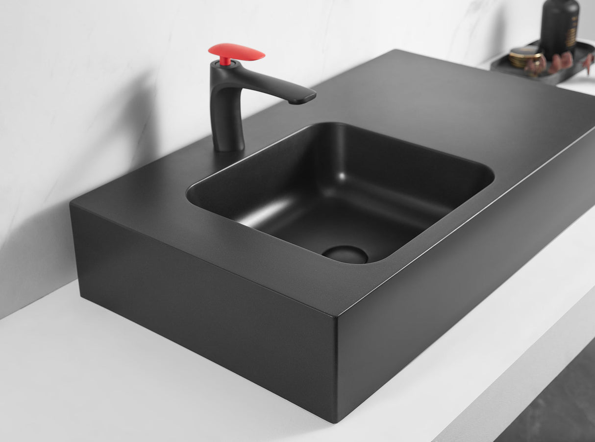 Bathroom Sink, Solid Surface Material, Wall - Mount or Countertop Install, 32" with Single Faucet Hole in Matte Black， SVWS602 - 32BK - Serene Valley