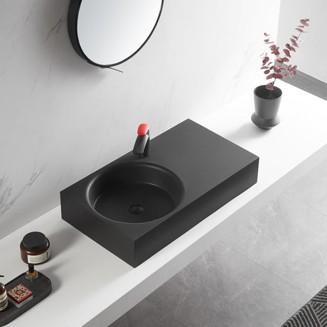 Bathroom Sink, Solid Surface Material, Wall - Mount or Countertop Install, 32" with Single Faucet Hole in Matte Black， SVWS603L - 32BK - Serene Valley