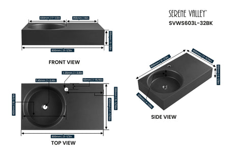 Bathroom Sink, Solid Surface Material, Wall - Mount or Countertop Install, 32" with Single Faucet Hole in Matte Black， SVWS603L - 32BK - Serene Valley