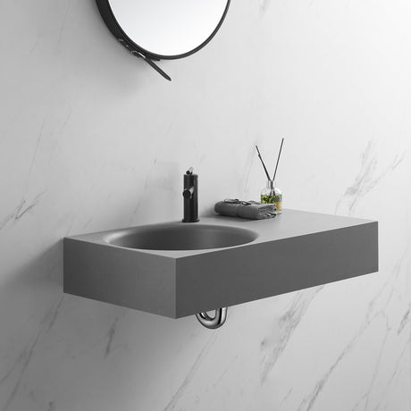 Bathroom Sink, Solid Surface Material, Wall - Mount or Countertop Install, 32" with Single Faucet Hole in Matte Gray， SVWS603L - 32GR - Serene Valley