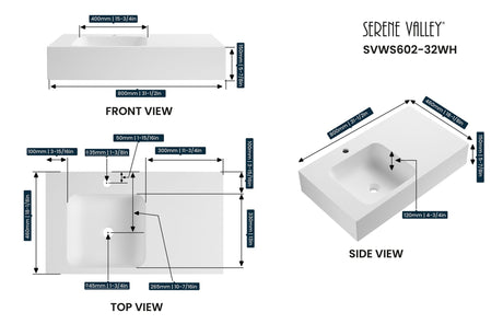 Bathroom Sink, Solid Surface Material, Wall - Mount or Countertop Install, 32" with Single Faucet Hole in Matte White， SVWS602 - 32WH - Serene Valley