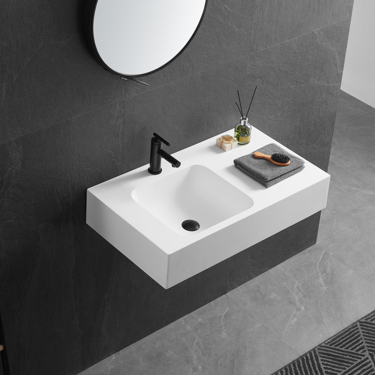 Bathroom Sink, Solid Surface Material, Wall - Mount or Countertop Install, 32" with Single Faucet Hole in Matte White， SVWS602 - 32WH - Serene Valley