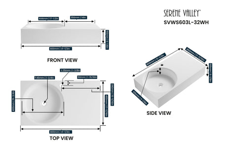 Bathroom Sink, Solid Surface Material, Wall - Mount or Countertop Install, 32" with Single Faucet Hole in Matte White， SVWS603L - 32WH - Serene Valley