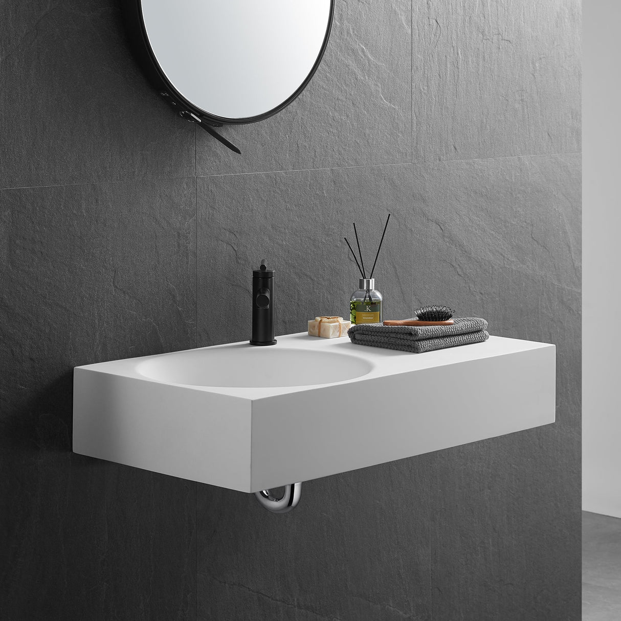 Bathroom Sink, Solid Surface Material, Wall - Mount or Countertop Install, 32" with Single Faucet Hole in Matte White， SVWS603L - 32WH - Serene Valley