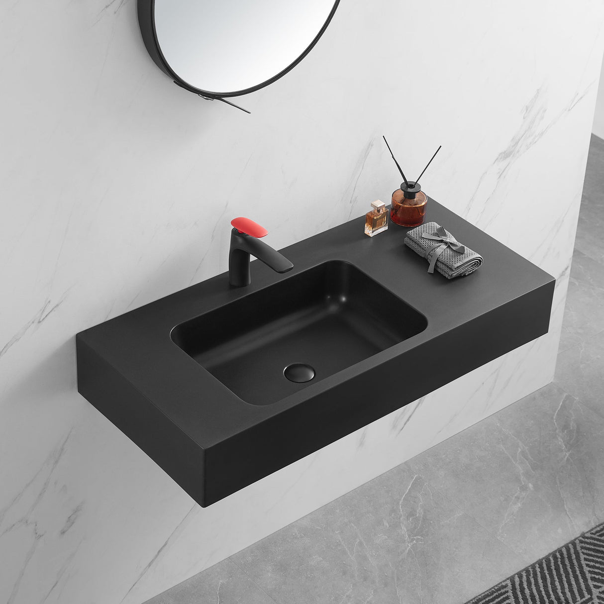 Bathroom Sink, Solid Surface Material, Wall - Mount or Countertop Install, 40" with Single Faucet Hole in Matte Black， SVWS602 - 40BK - Serene Valley