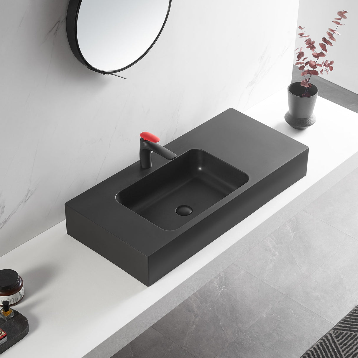 Bathroom Sink, Solid Surface Material, Wall - Mount or Countertop Install, 40" with Single Faucet Hole in Matte Black， SVWS602 - 40BK - Serene Valley