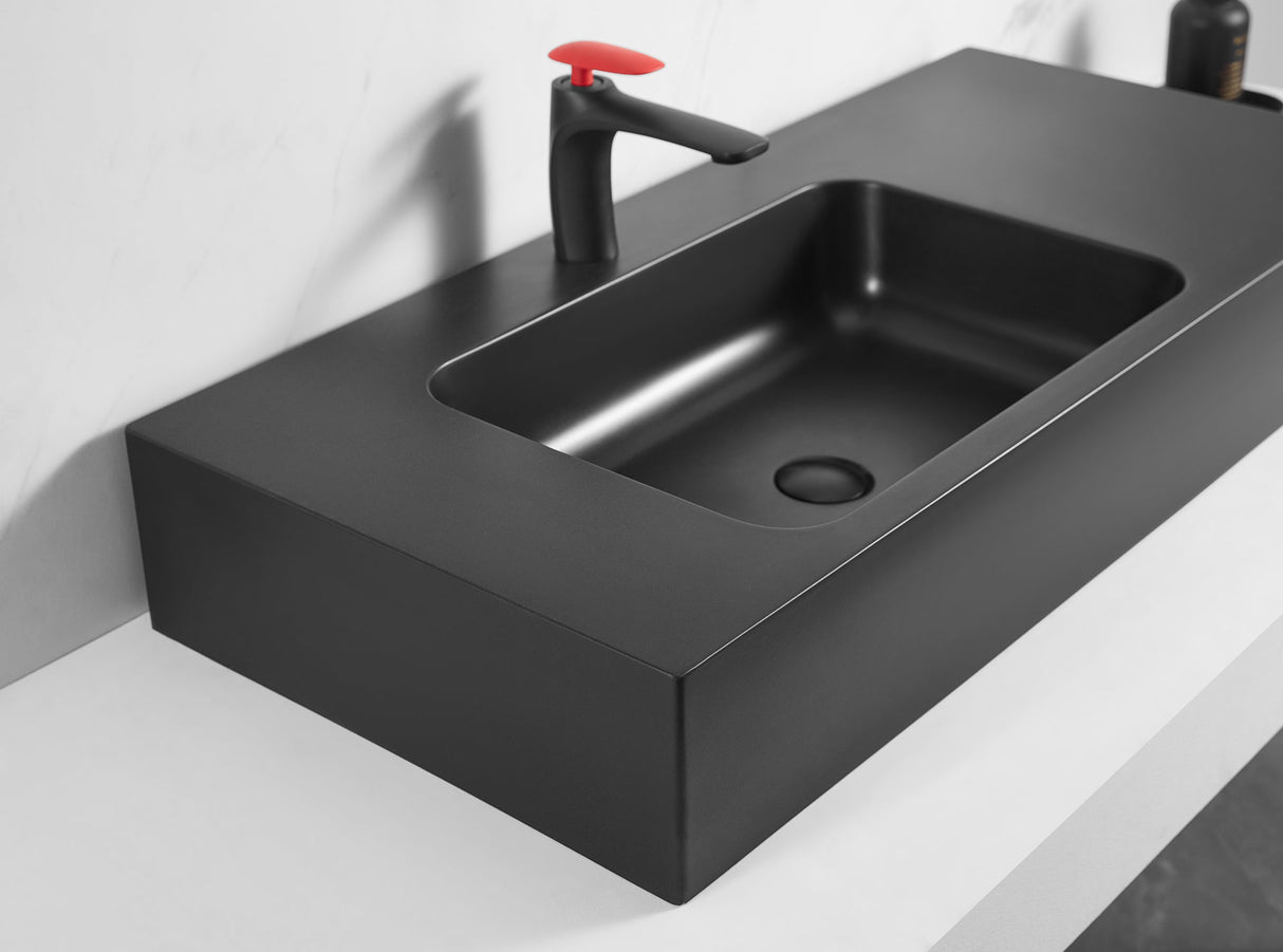 Bathroom Sink, Solid Surface Material, Wall - Mount or Countertop Install, 40" with Single Faucet Hole in Matte Black， SVWS602 - 40BK - Serene Valley