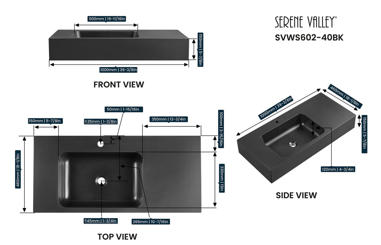 Bathroom Sink, Solid Surface Material, Wall - Mount or Countertop Install, 40" with Single Faucet Hole in Matte Black， SVWS602 - 40BK - Serene Valley