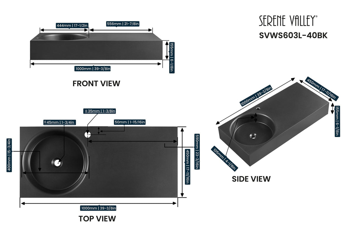 Bathroom Sink, Solid Surface Material, Wall - Mount or Countertop Install, 40" with Single Faucet Hole in Matte Black， SVWS603L - 40BK - Serene Valley