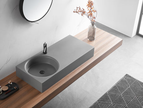 Bathroom Sink, Solid Surface Material, Wall - Mount or Countertop Install, 40" with Single Faucet Hole in Matte Gray， SVWS603L - 40GR - Serene Valley