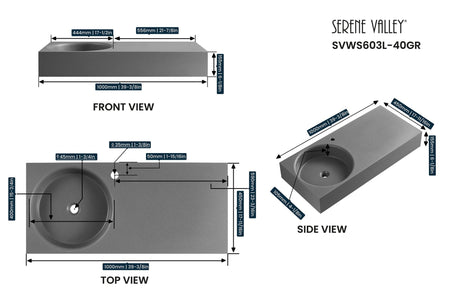 Bathroom Sink, Solid Surface Material, Wall - Mount or Countertop Install, 40" with Single Faucet Hole in Matte Gray， SVWS603L - 40GR - Serene Valley