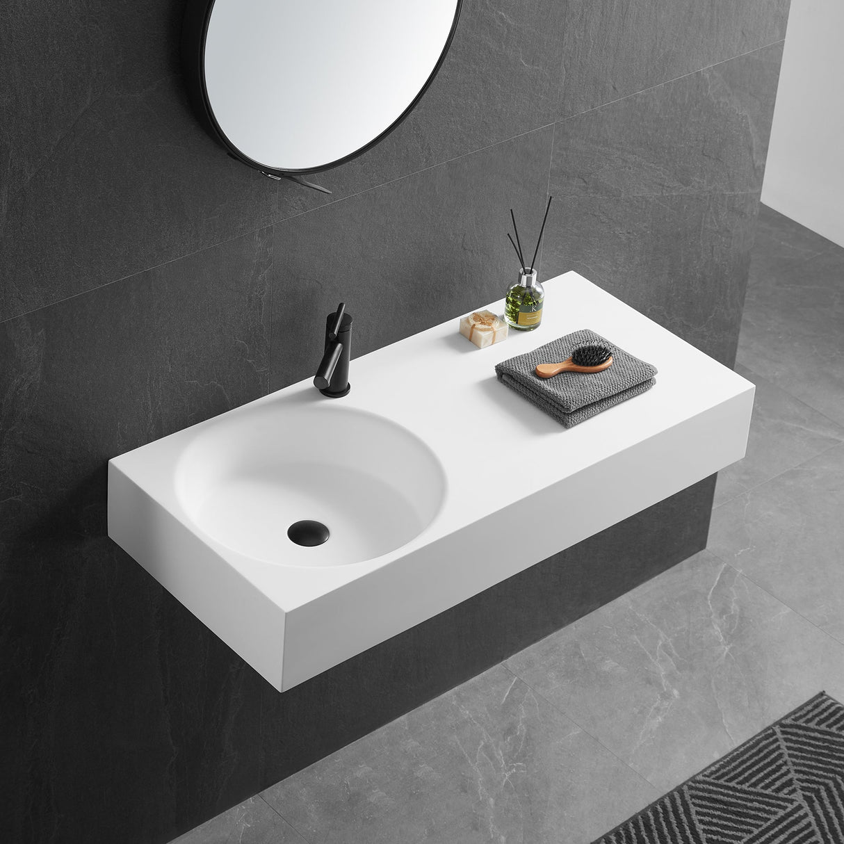 Bathroom Sink, Solid Surface Material, Wall - Mount or Countertop Install, 40" with Single Faucet Hole in Matte White， SVWS603L - 40WH - Serene Valley