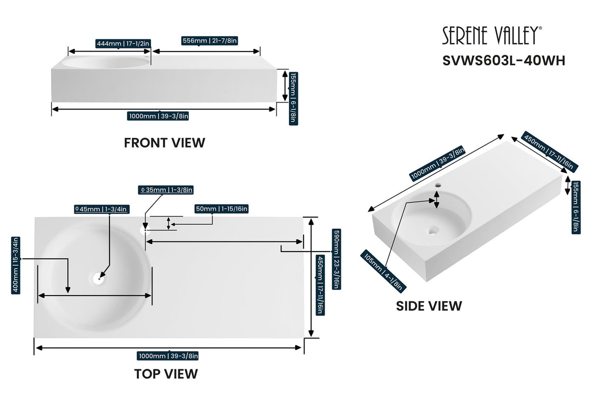 Bathroom Sink, Solid Surface Material, Wall - Mount or Countertop Install, 40" with Single Faucet Hole in Matte White， SVWS603L - 40WH - Serene Valley