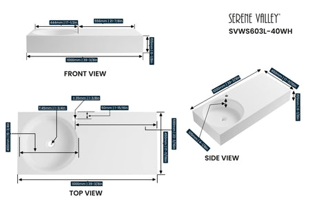 Bathroom Sink, Solid Surface Material, Wall - Mount or Countertop Install, 40" with Single Faucet Hole in Matte White， SVWS603L - 40WH - Serene Valley