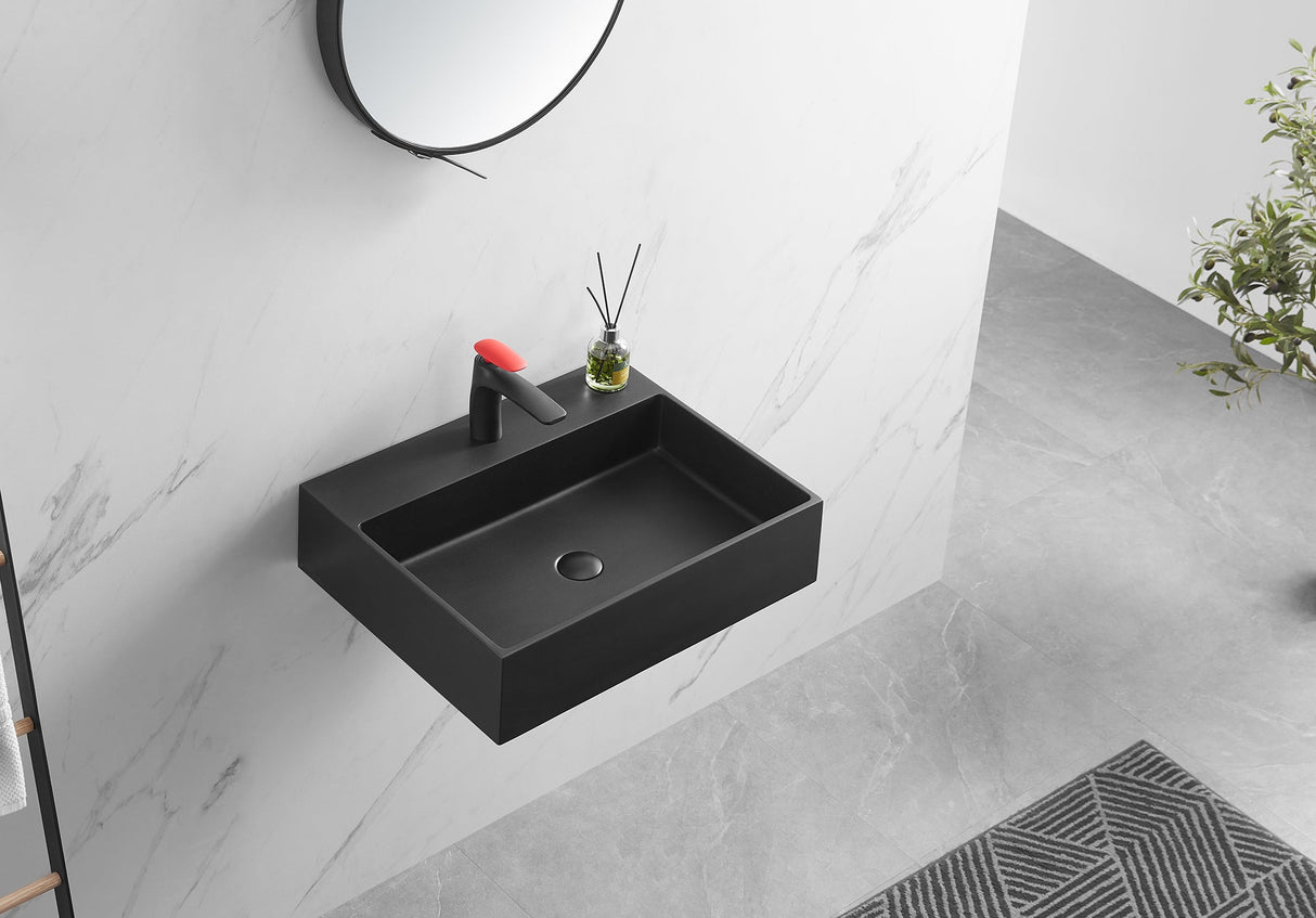 Bathroom sink, Wall - Mount or Countertop Install, 24" Composite Material in Matte Black with Single Faucet Hole， SVWS601 - 26BK - Serene Valley