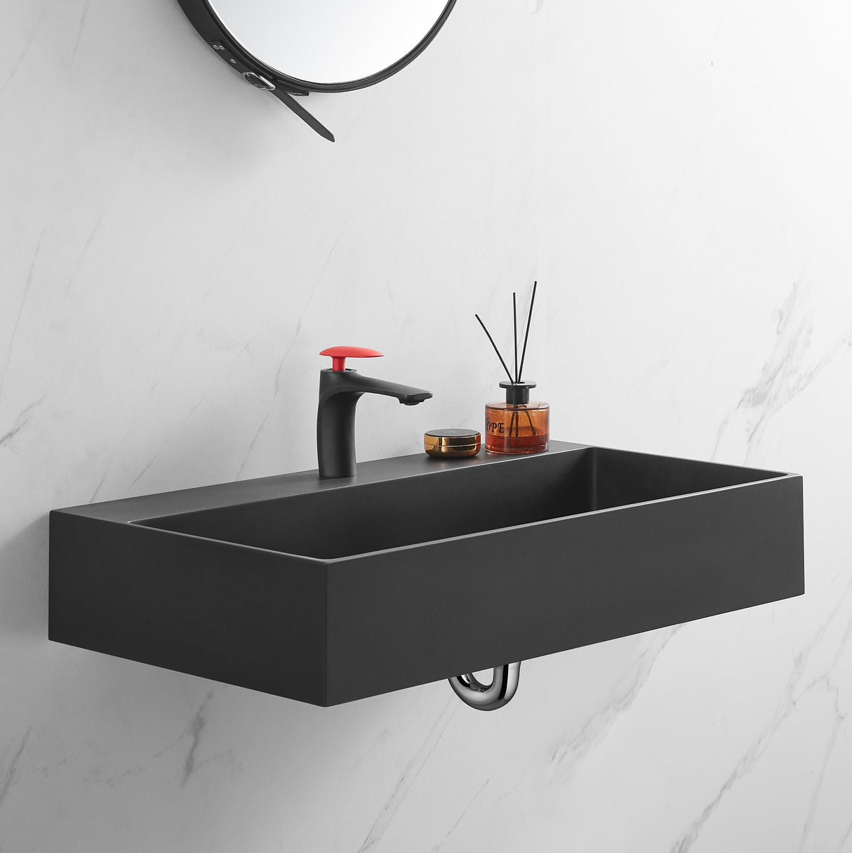 Bathroom sink, Wall - Mount or Countertop Install, 32" Composite Material in Matte Black with Single Faucet Hole， SVWS601 - 32BK - Serene Valley