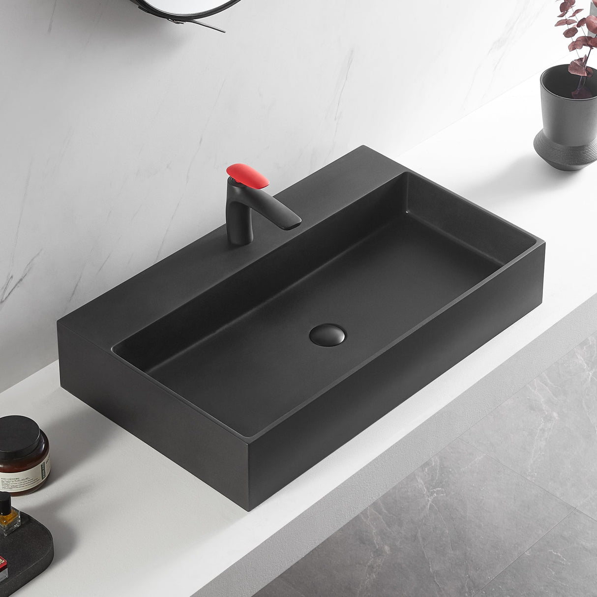 Bathroom sink, Wall - Mount or Countertop Install, 32" Composite Material in Matte Black with Single Faucet Hole， SVWS601 - 32BK - Serene Valley