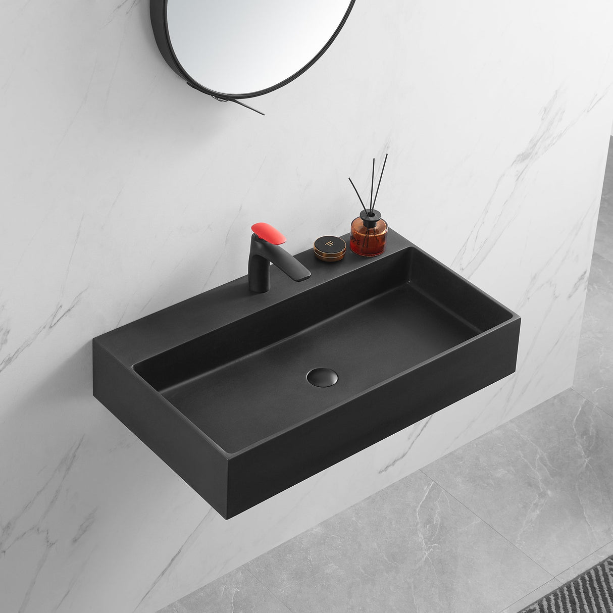 Bathroom sink, Wall - Mount or Countertop Install, 32" Composite Material in Matte Black with Single Faucet Hole， SVWS601 - 32BK - Serene Valley