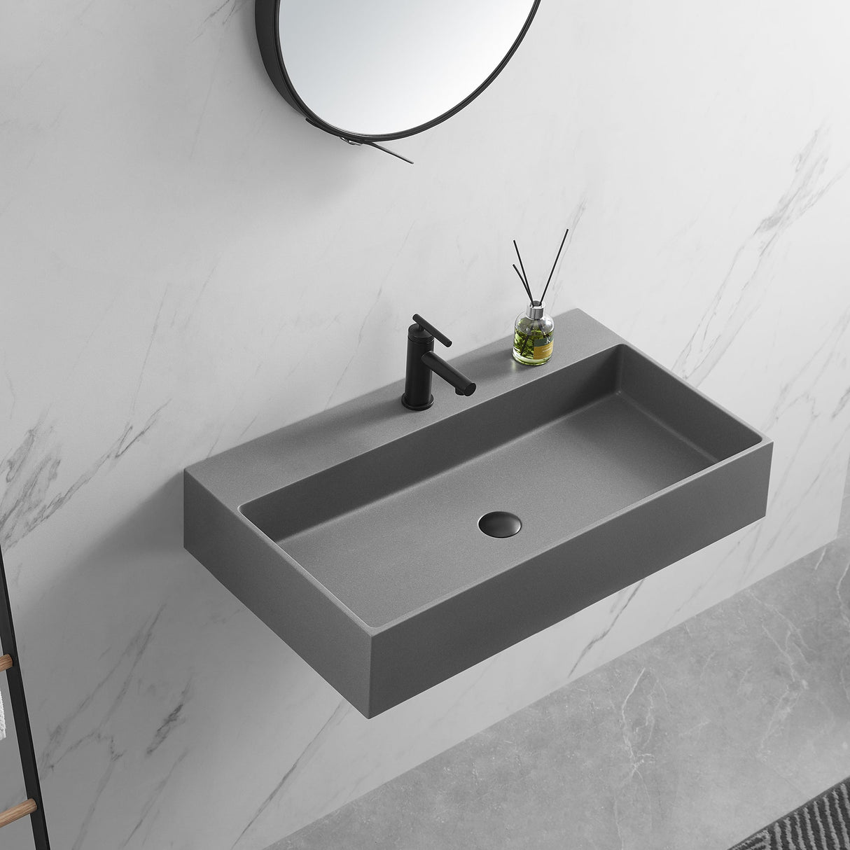 Bathroom sink, Wall - Mount or Countertop Install, 32" Composite Material in Matte Gray with Single Faucet Hole， SVWS601 - 32GR - Serene Valley