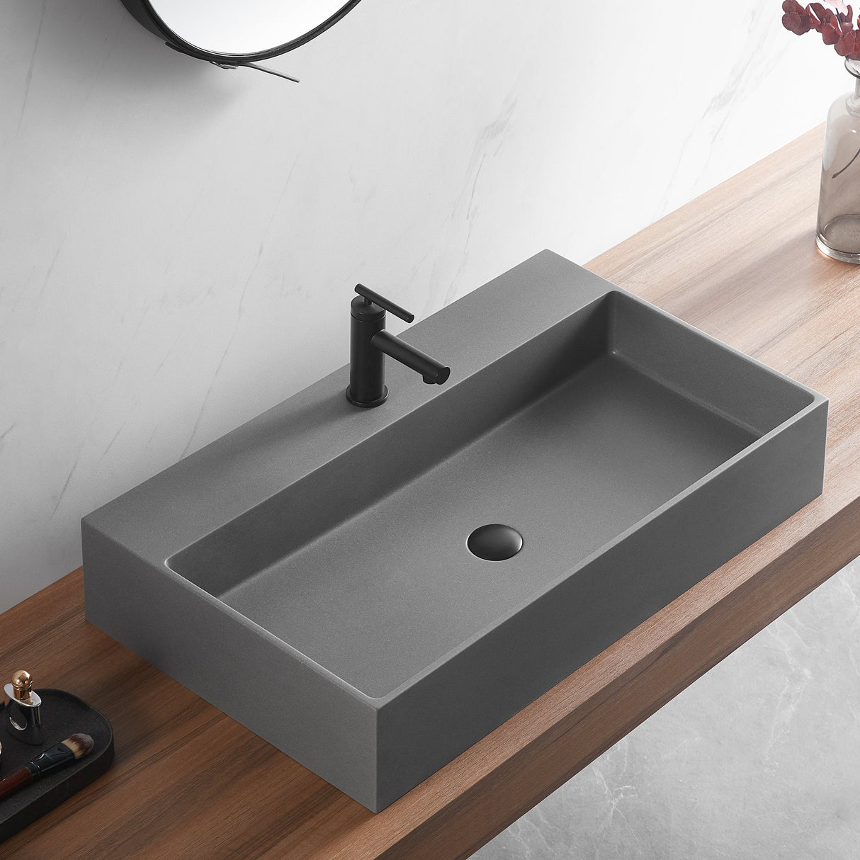 Bathroom sink, Wall - Mount or Countertop Install, 32" Composite Material in Matte Gray with Single Faucet Hole， SVWS601 - 32GR - Serene Valley