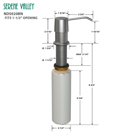 Kitchen Soap Dispenser NDS020BN, Solid Brass Construction with Refill - From - Top Capacity, Super Smooth and Durable Pump with Built - in Bottle - Serene Valley