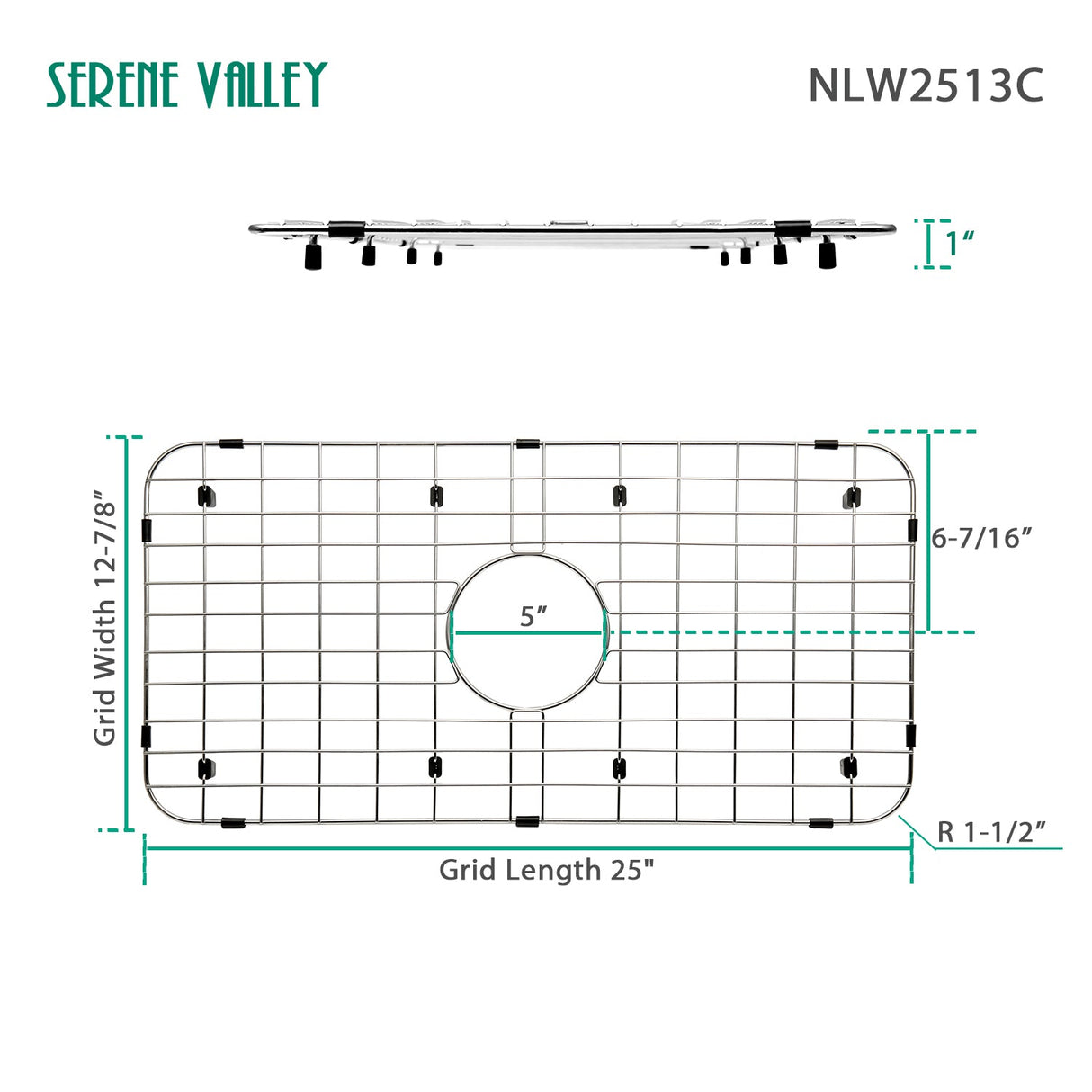 Serene Valley 25 - 1/8" x 12 - 7/8" Sink Grid , Centered Drain with Corner Radius 1 - 1/2", NLW2513C - Serene Valley