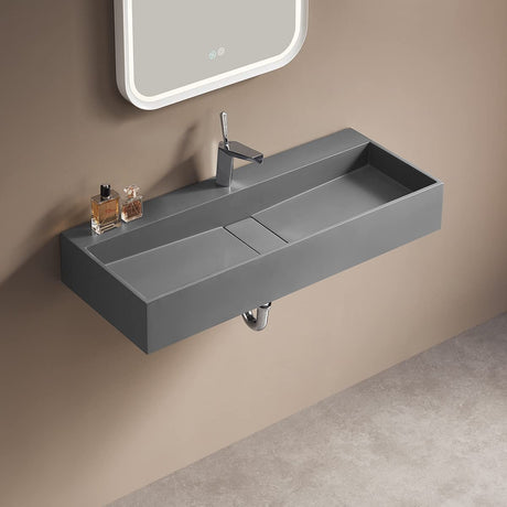 Serene Valley 32" Floating or Countertop Bathroom Sink, Single Faucet Holes with Hidden Drain, Solid Surface Material in Matte Gray, SVWS605 - 32GR - Serene Valley