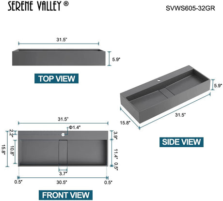 Serene Valley 32" Floating or Countertop Bathroom Sink, Single Faucet Holes with Hidden Drain, Solid Surface Material in Matte Gray, SVWS605 - 32GR - Serene Valley