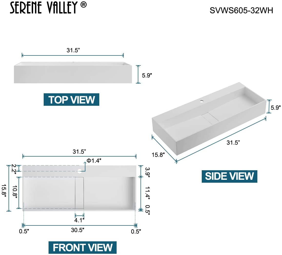 Serene Valley 32" Floating or Countertop Bathroom Sink, Single Faucet Holes with Hidden Drain, Solid Surface Material in Matte White, SVWS605 - 32WH - Serene Valley