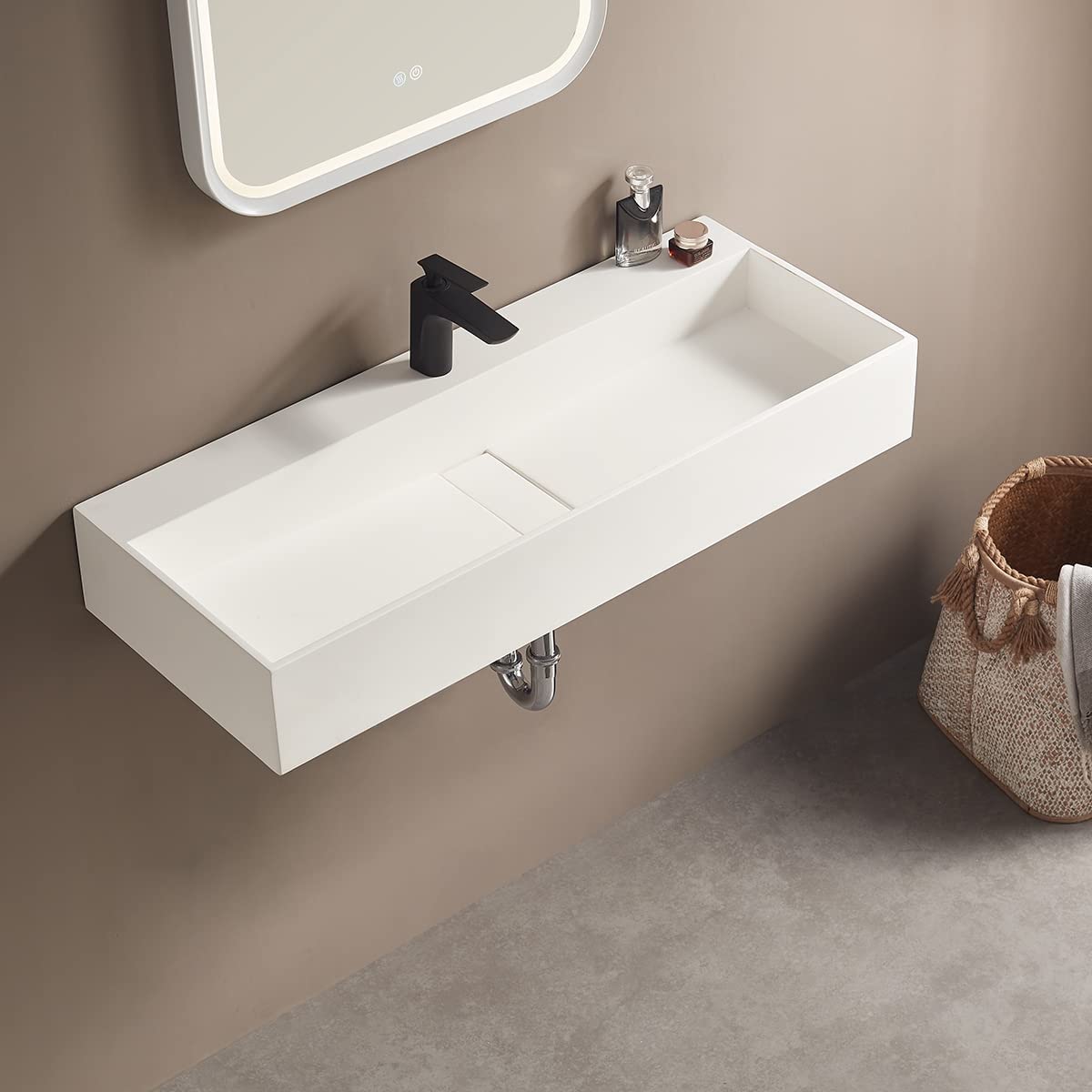 Serene Valley 32" Floating or Countertop Bathroom Sink, Single Faucet Holes with Hidden Drain, Solid Surface Material in Matte White, SVWS605 - 32WH - Serene Valley