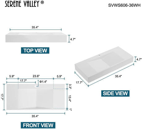 Serene Valley 36" Floating or Countertop Bathroom Sink, V - Shape Drain Design, Solid Surface Material in Matte White, SVWS606 - 36WH - Serene Valley