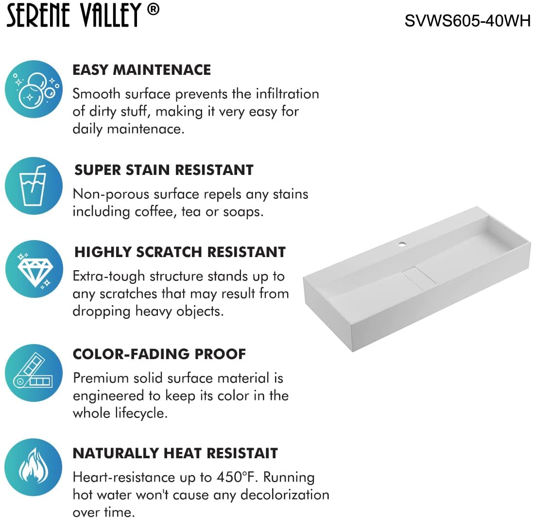 Serene Valley 40" Floating or Countertop Bathroom Sink, Single Faucet Holes with Hidden Drain, Solid Surface Material in Matte White, SVWS605 - 40WH - Serene Valley