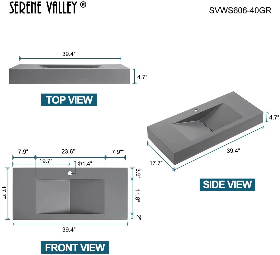 Serene Valley 40" Floating or Countertop Bathroom Sink, V - Shape Drain Design, Solid Surface Material in Matte Gray, SVWS606 - 40GR - Serene Valley