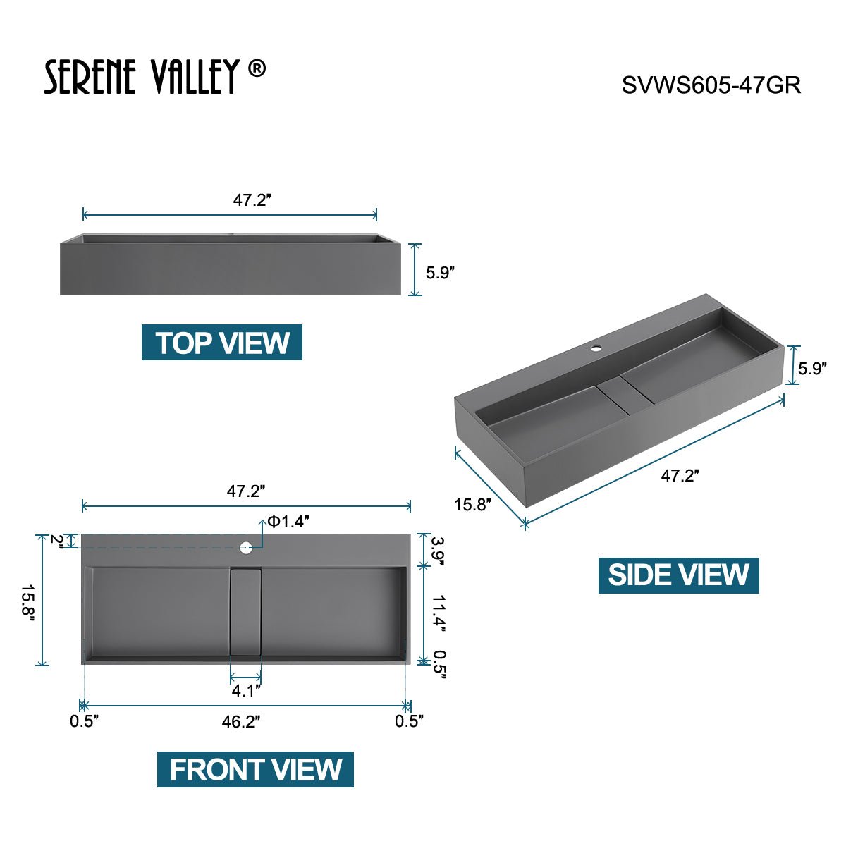 Serene Valley 47" Floating or Countertop Bathroom Sink, Double Faucet Holes with Hidden Drain, Solid Surface Material in Matte Gray, SVWS605 - 47GR - Serene Valley