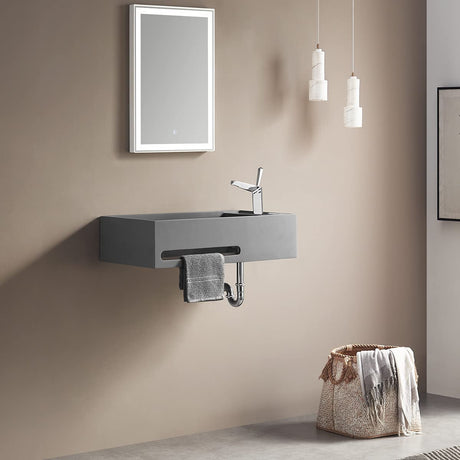 Serene Valley Bathroom Floating Sink, 24" Wall - Mount Sink with Built - in Towel Bar, Solid Surface Material in Matte Gray SVWS604 - 24GR - Serene Valley