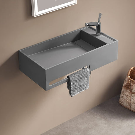 Serene Valley Bathroom Floating Sink, 24" Wall - Mount Sink with Built - in Towel Bar, Solid Surface Material in Matte Gray SVWS604 - 24GR - Serene Valley