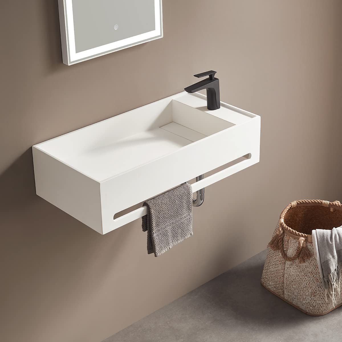 Serene Valley Bathroom Floating Sink, 24" Wall - Mount Sink with Built - in Towel Bar, Solid Surface Material in Matte White SVWS604 - 24WH - Serene Valley