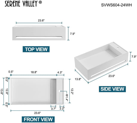 Serene Valley Bathroom Floating Sink, 24" Wall - Mount Sink with Built - in Towel Bar, Solid Surface Material in Matte White SVWS604 - 24WH - Serene Valley