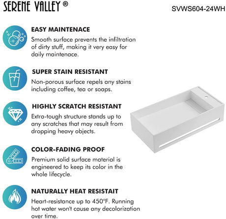 Serene Valley Bathroom Floating Sink, 24" Wall - Mount Sink with Built - in Towel Bar, Solid Surface Material in Matte White SVWS604 - 24WH - Serene Valley