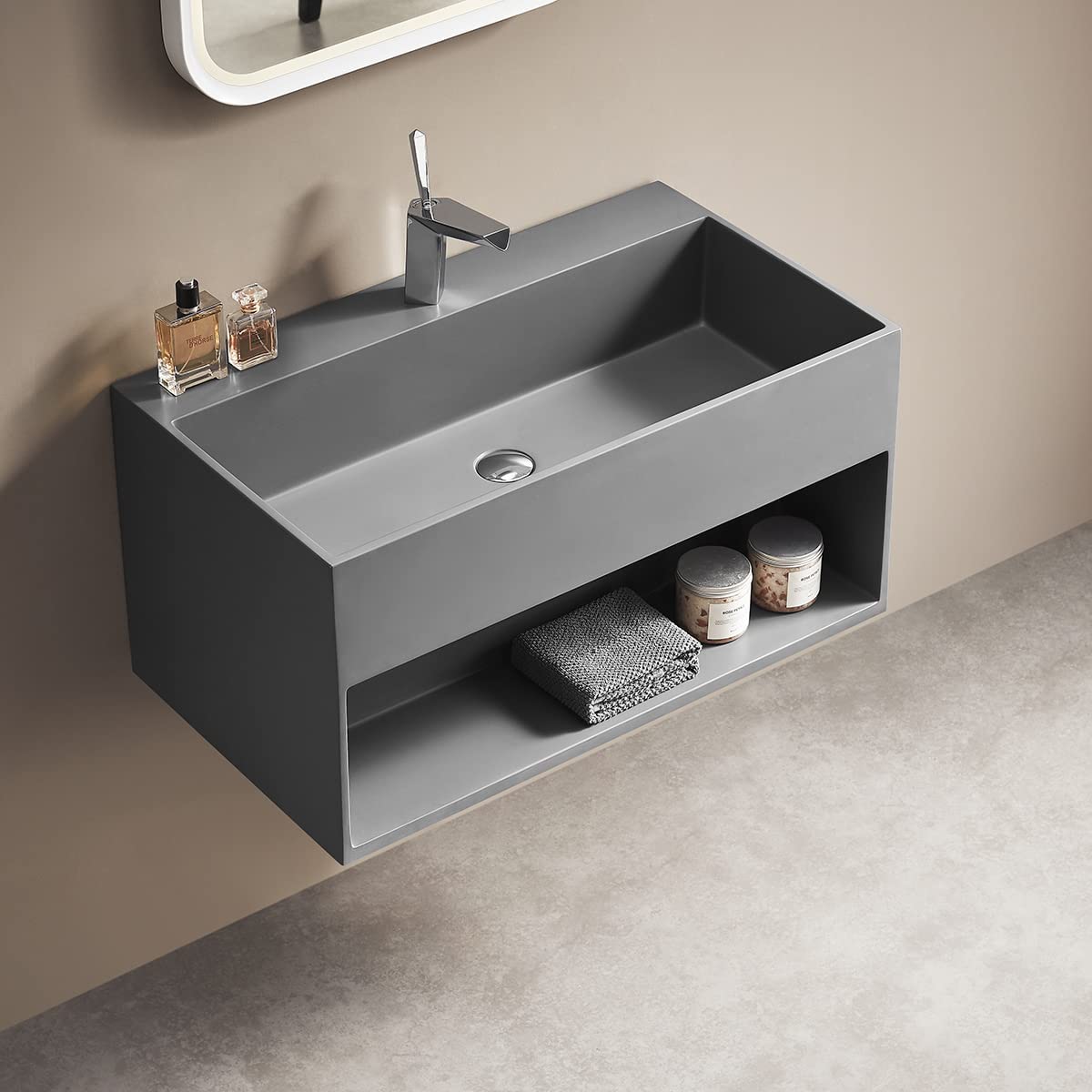 Serene Valley Bathroom Floating Vanity, 24" Wall - Mount Sink with Built - in Towel Space, Solid Surface Material in Matte Gray, SVWS607 - 24GR - Serene Valley