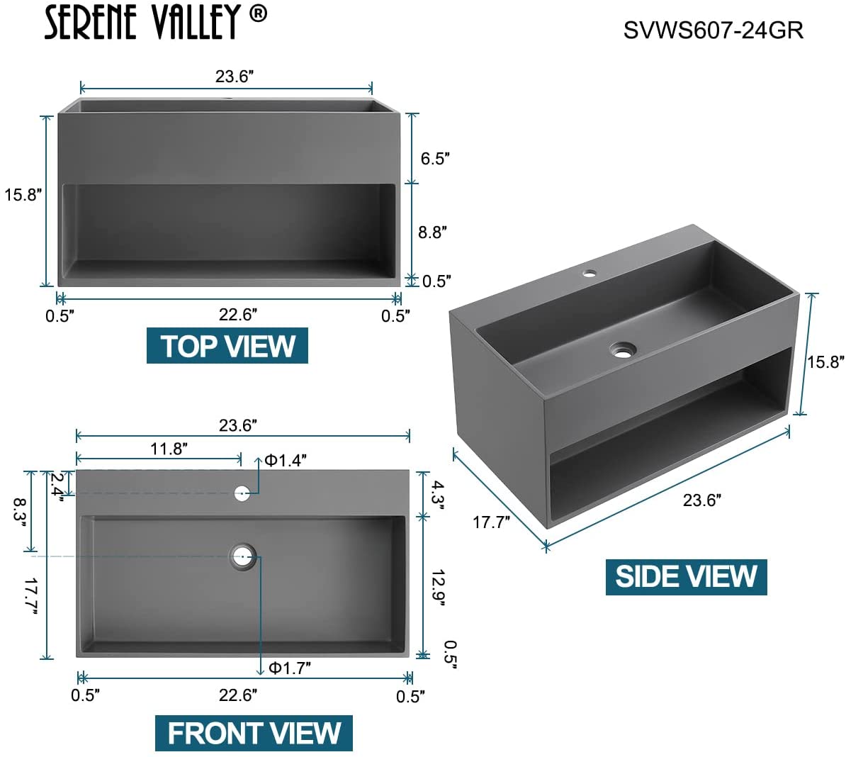 Serene Valley Bathroom Floating Vanity, 24" Wall - Mount Sink with Built - in Towel Space, Solid Surface Material in Matte Gray, SVWS607 - 24GR - Serene Valley