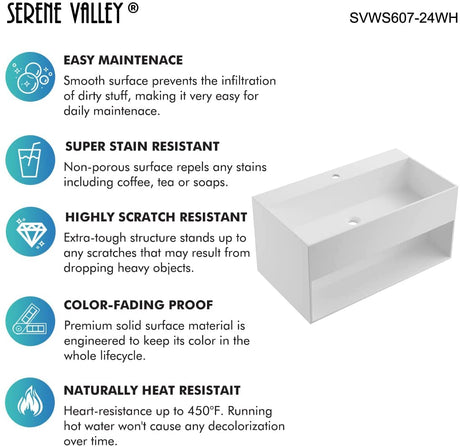 Serene Valley Bathroom Floating Vanity, 24" Wall - Mount Sink with Built - in Towel Space, Solid Surface Material in Matte White, SVWS607 - 24WH - Serene Valley