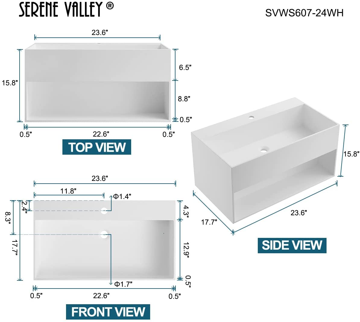 Serene Valley Bathroom Floating Vanity, 24" Wall - Mount Sink with Built - in Towel Space, Solid Surface Material in Matte White, SVWS607 - 24WH - Serene Valley