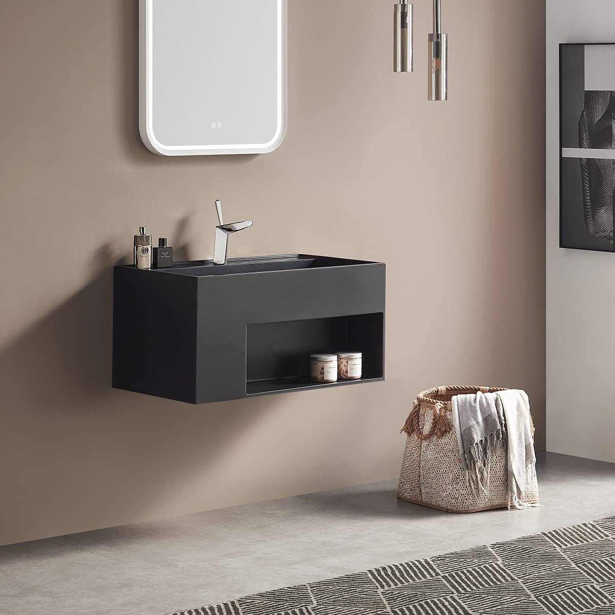Serene Valley Bathroom Floating Vanity, 32" Wall - Mount Sink with Large Storage Space and Pop - up Strainer, Solid Surface Material in Matte Black, SVWS609 - 32BK - Serene Valley