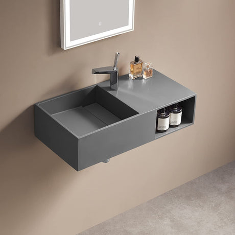 Serene Valley Bathroom Floating Vanity, 32" Wall - Mount Sink with Side Faucet and Storage Space, Solid Surface Material in Matte Gray, SVWS615 - 32GR - Serene Valley