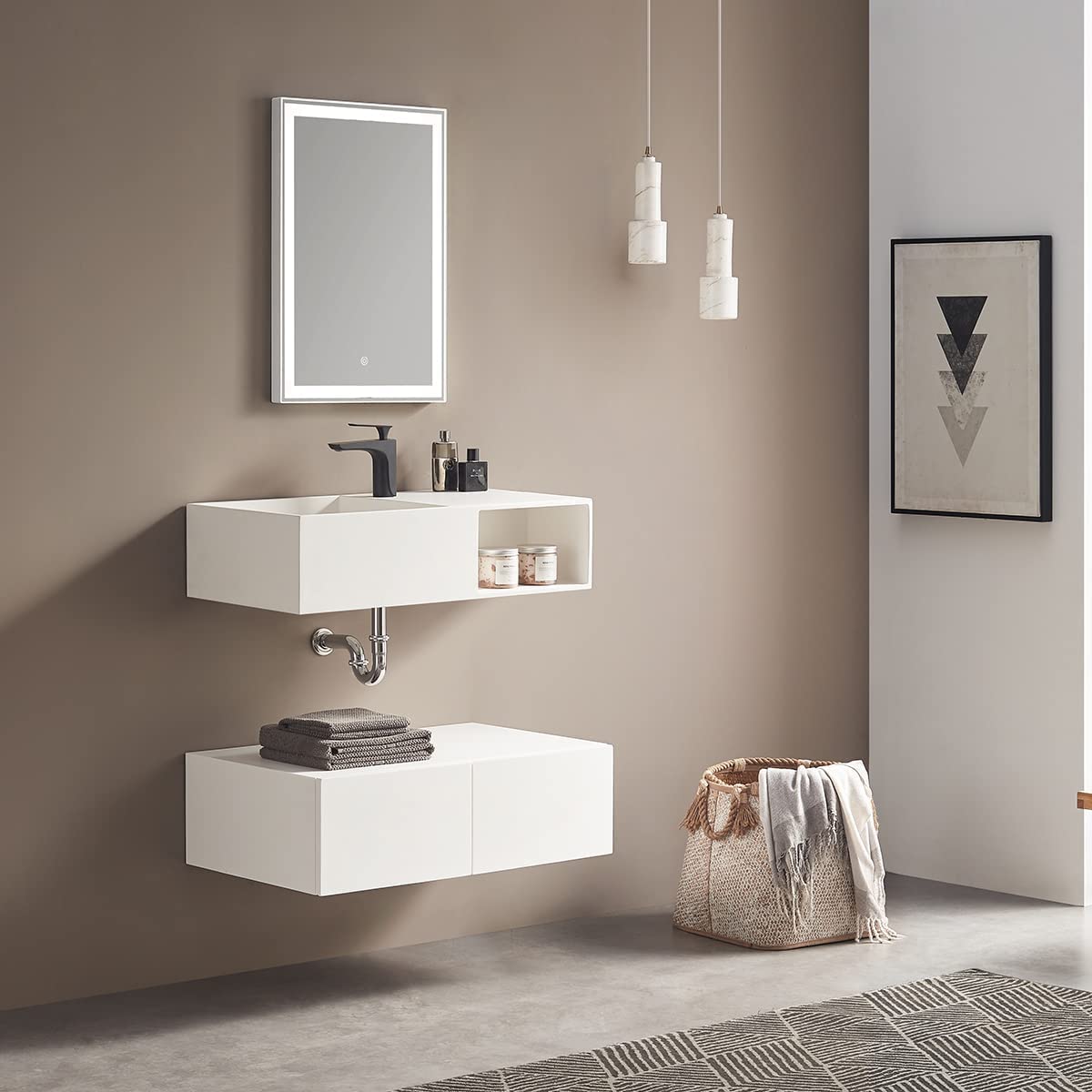 Serene Valley Bathroom Floating Vanity, 32" Wall - Mount Sink with Side Faucet and Storage Space, Solid Surface Material in Matte White, SVWS615 - 32WH - Serene Valley