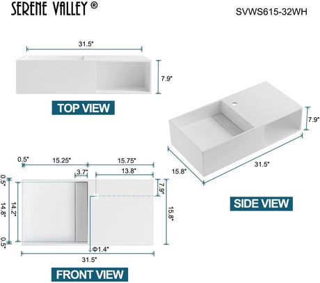 Serene Valley Bathroom Floating Vanity, 32" Wall - Mount Sink with Side Faucet and Storage Space, Solid Surface Material in Matte White, SVWS615 - 32WH - Serene Valley