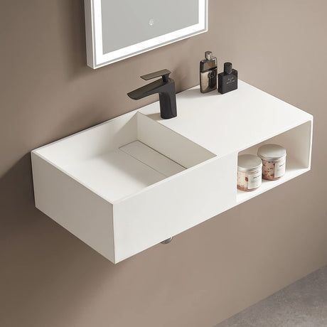 Serene Valley Bathroom Floating Vanity, 32" Wall - Mount Sink with Side Faucet and Storage Space, Solid Surface Material in Matte White, SVWS615 - 32WH - Serene Valley