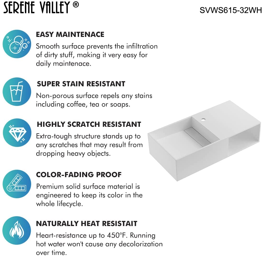 Serene Valley Bathroom Floating Vanity, 32" Wall - Mount Sink with Side Faucet and Storage Space, Solid Surface Material in Matte White, SVWS615 - 32WH - Serene Valley