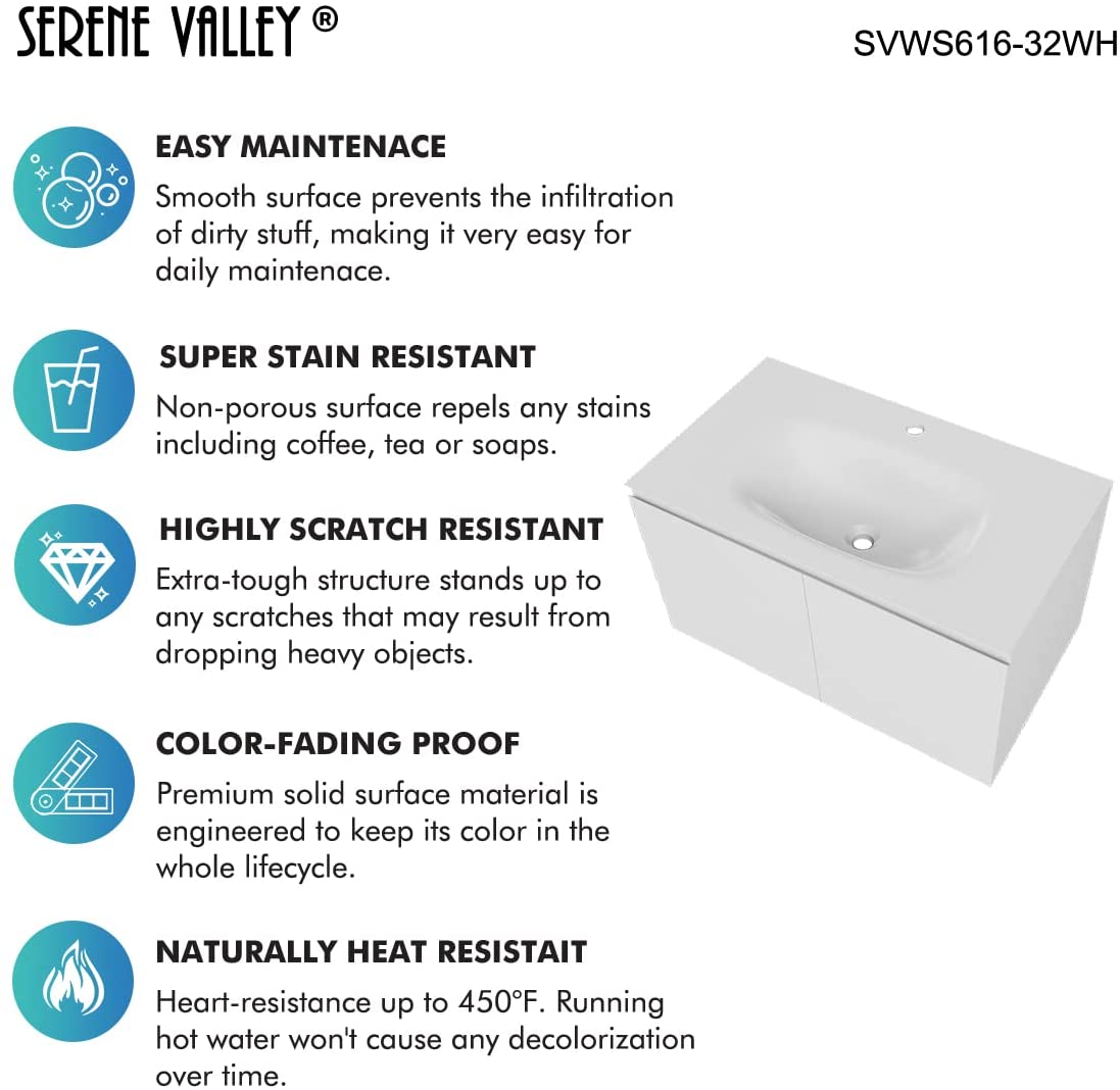 Serene Valley Bathroom Floating Vanity with Hinged Cabinet, Oval Sink Bowl with Matching Pop - Up Strainer, 32" Solid Surface Material in Matte White, SVWS616 - 32WH - Serene Valley